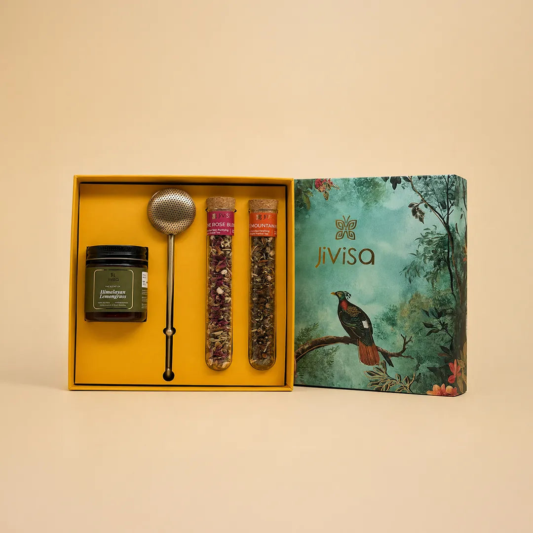 JiViSa Brew n Bliss herbal tea and candle gift set with premium brass tea infuser