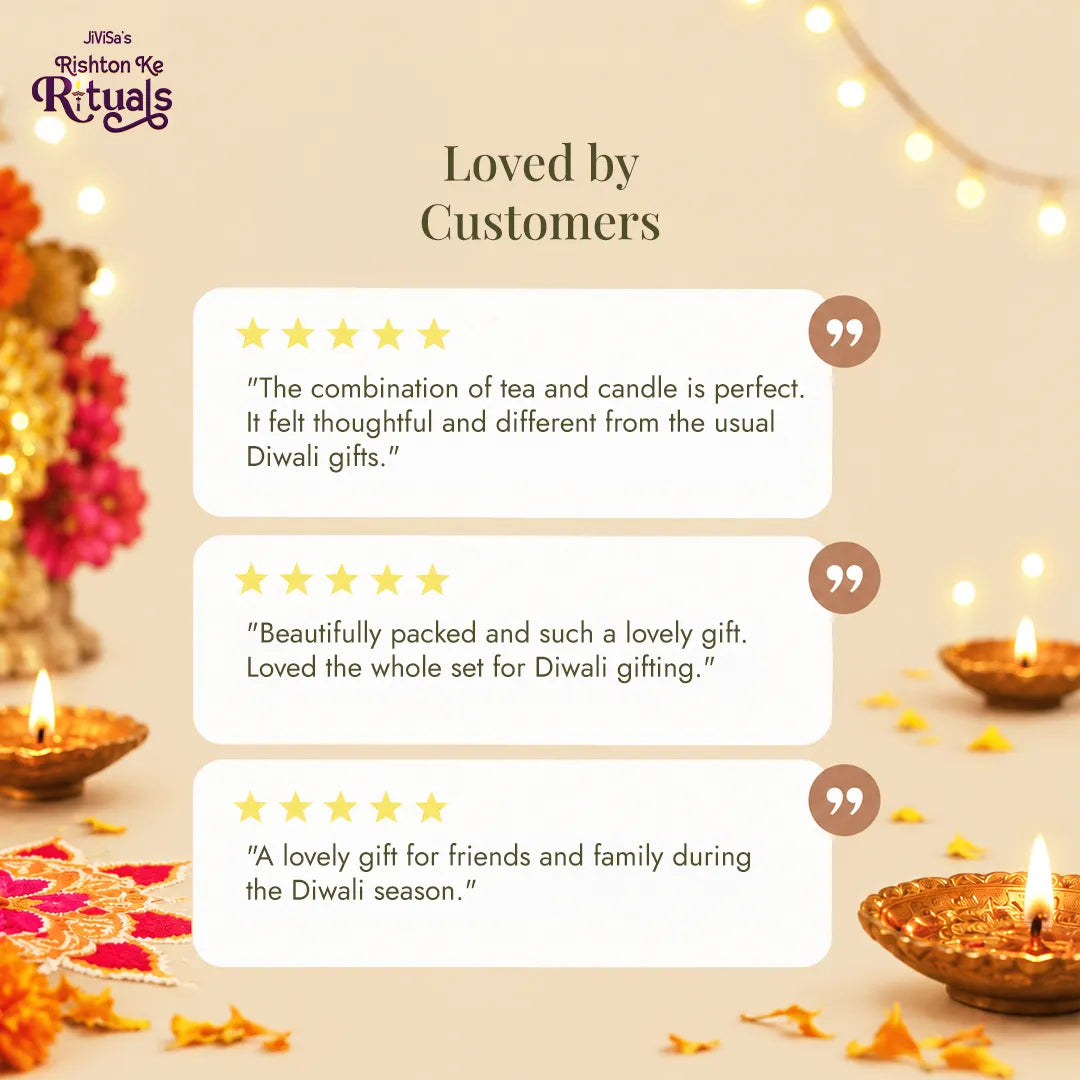 Five-star customer reviews for the JiViSa Brew n Bliss tea and candle gift box