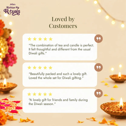 Five-star customer reviews for the JiViSa Brew n Bliss tea and candle gift box