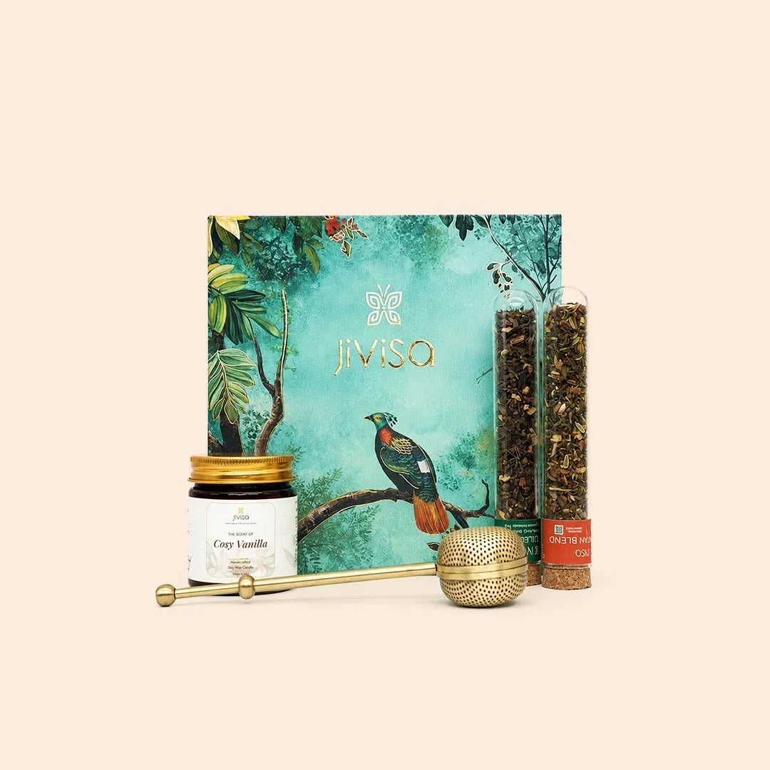 JiViSa Brew n Bliss herbal tea and candle gift set with premium brass tea infuser
