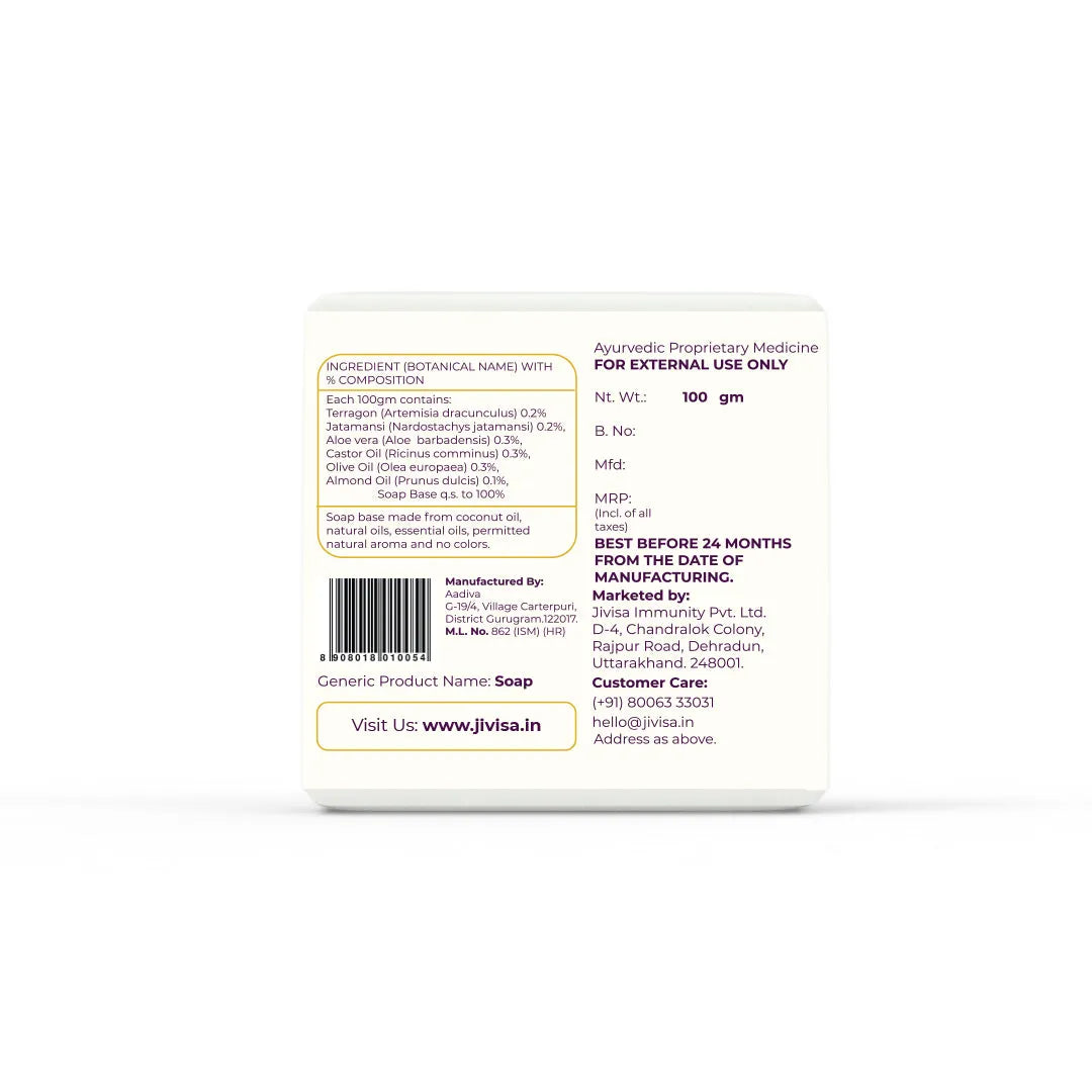 Ingredient label for JiViSa Charcoal Musk soap: tarragon, jatamansi, aloe vera, castor oil, olive oil, almond oil