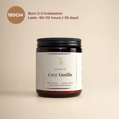 JiViSa Vanilla scented soy wax candle 180gm - burn 2-3 Hrs per session, Lasts 90-110 hours.