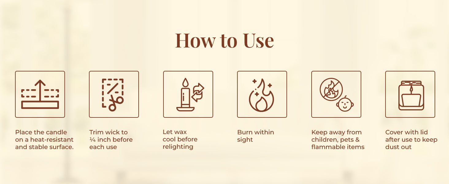 A warm beige-toned instructional graphic titled "How to Use" displays six icons with guidance on candle safety and care. The text under each icon reads: "Place the candle on a heat-resistant and stable surface," "Trim wick to ¼ inch before each use," "Let wax cool before relighting," "Burn within sight," "Keep away from children, pets & flammable items," and "Cover with lid after use to keep dust out." The visual style is clean and minimal, matching the elegant tone of the JiViSa brand.