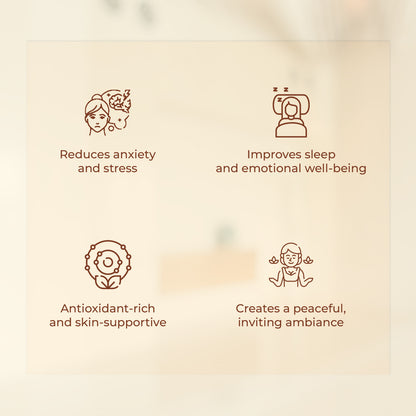 A clean beige background featuring four icon illustrations with wellness benefits of the JiViSa Cozy Vanilla soy wax candle. The text reads: &quot;Reduces anxiety and stress,&quot; &quot;Improves sleep and emotional well-being,&quot; &quot;Antioxidant-rich and skin-supportive,&quot; and &quot;Creates a peaceful, inviting ambiance.&quot;

