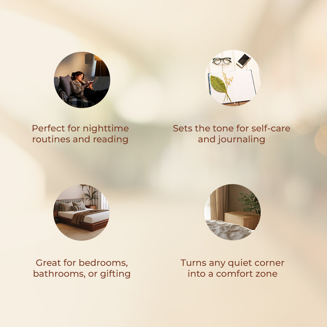Visual showing four circular photos highlighting the lifestyle usage of the JiViSa Cozy Vanilla candle. The captions read: &quot;Perfect for nighttime routines and reading,&quot; &quot;Sets the tone for self-care and journaling,&quot; &quot;Great for bedrooms, bathrooms, or gifting,&quot; and &quot;Turns any quiet corner into a comfort zone.&quot;