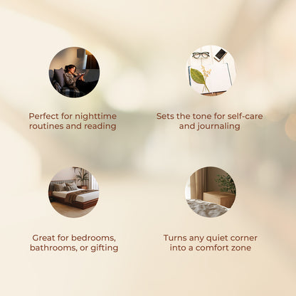 Visual showing four circular photos highlighting the lifestyle usage of the JiViSa Cozy Vanilla candle. The captions read: &quot;Perfect for nighttime routines and reading,&quot; &quot;Sets the tone for self-care and journaling,&quot; &quot;Great for bedrooms, bathrooms, or gifting,&quot; and &quot;Turns any quiet corner into a comfort zone.&quot;