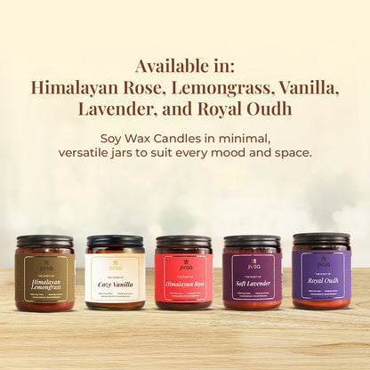JiViSa soy wax candle collection – Himalayan Lemongrass, Cozy Vanilla, Himalayan Rose, Soft Lavender and Royal Oudh scented candles