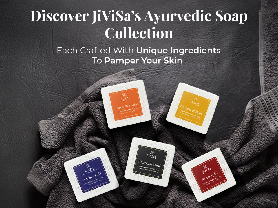 Flat lay of five JiViSa Ayurvedic Handmade Soap boxes—Charcoal Musk, Arabic Oudh, Almond Milk & Saffron, Coconut & Honey, and Seven Spice—arranged on a soft towel. The heading reads: “Discover JiViSa’s Ayurvedic Soap Collection.” Subtext: “Each crafted with unique ingredients to pamper your skin.” This collection display reflects the satisfaction of having tailored, thoughtful choices for different skin needs and moods.