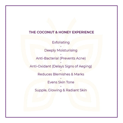 Text on a white background within a purple border describe JiViSa Coconut &amp; Honey Ayurvedic Soap Benefits. Headline: THE COCONUT &amp; HONEY EXPERIENCE. Listed benefits: Exfoliating | Anti-Bacterial (Prevents Acne) | Deeply Moisturising | Antioxidant (Delays signs of ageing) | Reduces Blemishes &amp; Marks | Evens Skin Tone | Supple, Glowing &amp; Radiant Skin.