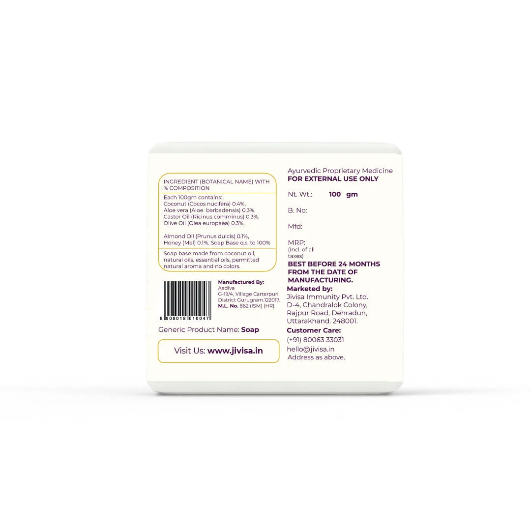 Ingredient label for JiViSa Coconut &amp; Honey soap: coconut, aloe vera, castor oil, olive oil, almond oil, honey