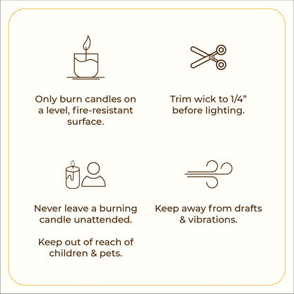 A minimal graphic with four icons, each paired with safety tips. The first icon shows a lit candle with the text: &quot;Only burn candles on a level, fire-resistant surface.&quot; The second icon features scissors, stating: &quot;Trim wick to 1/4” before lighting.&quot; The third icon displays a candle and person silhouette with the caution: &quot;Never leave a burning candle unattended. Keep out of reach of children &amp; pets.&quot; The fourth icon is a swirl representing airflow, with the text: &quot;Keep away from drafts &amp; vibrations.&quot;