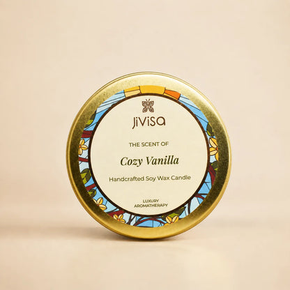 JiViSa Cozy Vanilla handcrafted soy wax candle 130 GM metal jar