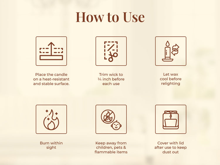 A warm beige-toned instructional graphic titled "How to Use" displays six icons with guidance on candle safety and care. The text under each icon reads: "Place the candle on a heat-resistant and stable surface," "Trim wick to ¼ inch before each use," "Let wax cool before relighting," "Burn within sight," "Keep away from children, pets & flammable items," and "Cover with lid after use to keep dust out." The visual style is clean and minimal, matching the elegant tone of the JiViSa brand.
