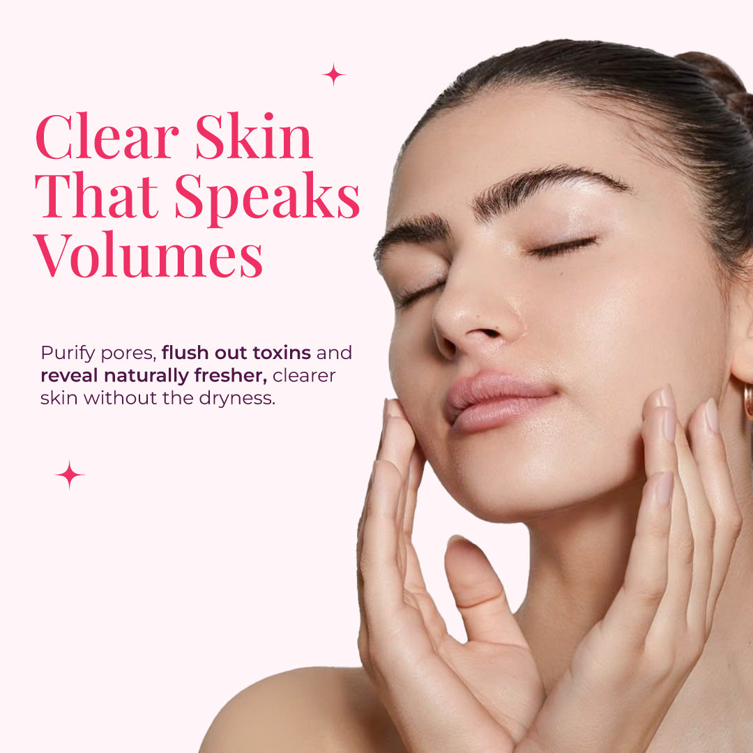 Image featuring a radiant woman softly touching her face representing the effects of JiViSa- Desi Gulaab Clay Masque. The tagline reads Clear Skin That Speaks Volumes accompanied with text below it &quot;Purify pores, flush out toxins and reveal naturally fresher, clearer skin without the dryness.&quot;
