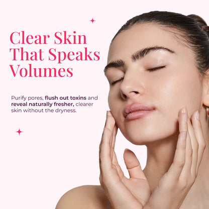 Image featuring a radiant woman softly touching her face representing the effects of JiViSa- Desi Gulaab Clay Masque. The tagline reads Clear Skin That Speaks Volumes accompanied with text below it &quot;Purify pores, flush out toxins and reveal naturally fresher, clearer skin without the dryness.&quot;