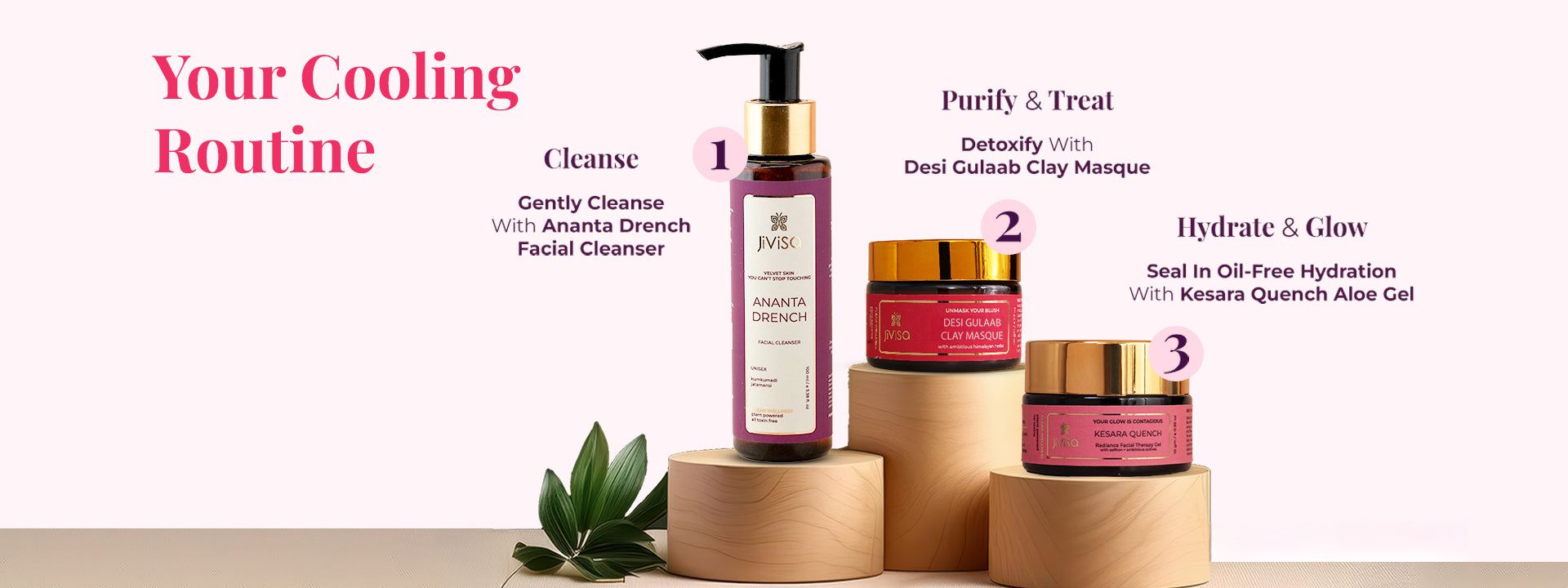 Three-step skincare routine showing Ananta Drench Facial Cleanser, Desi Gulaab Clay Masque, and Kesara Quench Aloe Gel with headings Cleanse, Purify & Treat, and Hydrate & Glow.