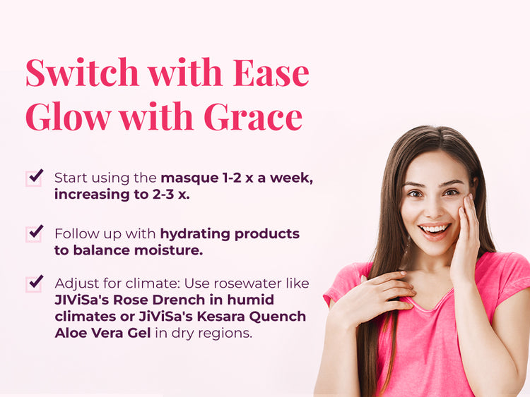 Woman smiling and touching her face with instructions on using a Desi Gulaab Clay Masque 1–2 times a week, increasing to 2–3 times, and following with hydrating products such as rosewater or aloe vera gel based on climate.