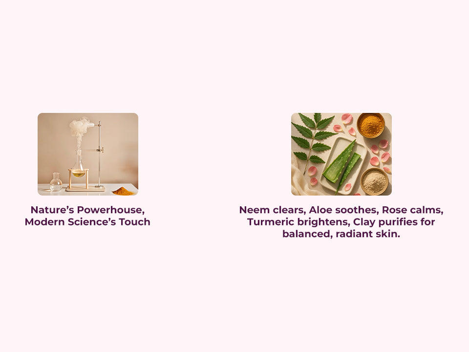Neem leaves, aloe vera, rose petals, turmeric, and clay with text Nature’s Powerhouse, Modern Science’s Touch and ingredient benefit descriptions.