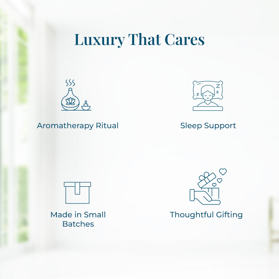 Graphic with icons and text about JiViSa Dreamscape Relaxation Aroma Gift Set features: a diffuser and candle for Aromatherapy Ritual, a person sleeping on a pillow labeled Sleep Support, a packaging box symbol for Made in Small Batches and a hand holding a gift box with hearts for Thoughtful Gifting.
