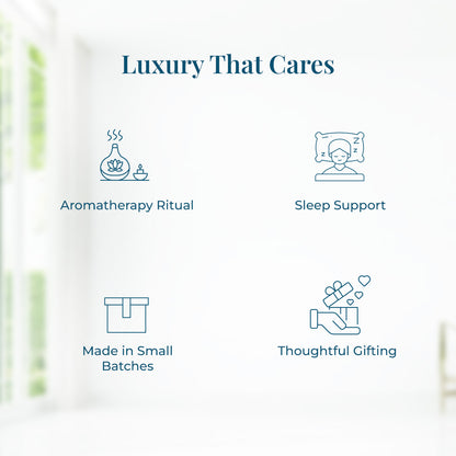 Graphic with icons and text about JiViSa Dreamscape Relaxation Aroma Gift Set features: a diffuser and candle for Aromatherapy Ritual, a person sleeping on a pillow labeled Sleep Support, a packaging box symbol for Made in Small Batches and a hand holding a gift box with hearts for Thoughtful Gifting.

