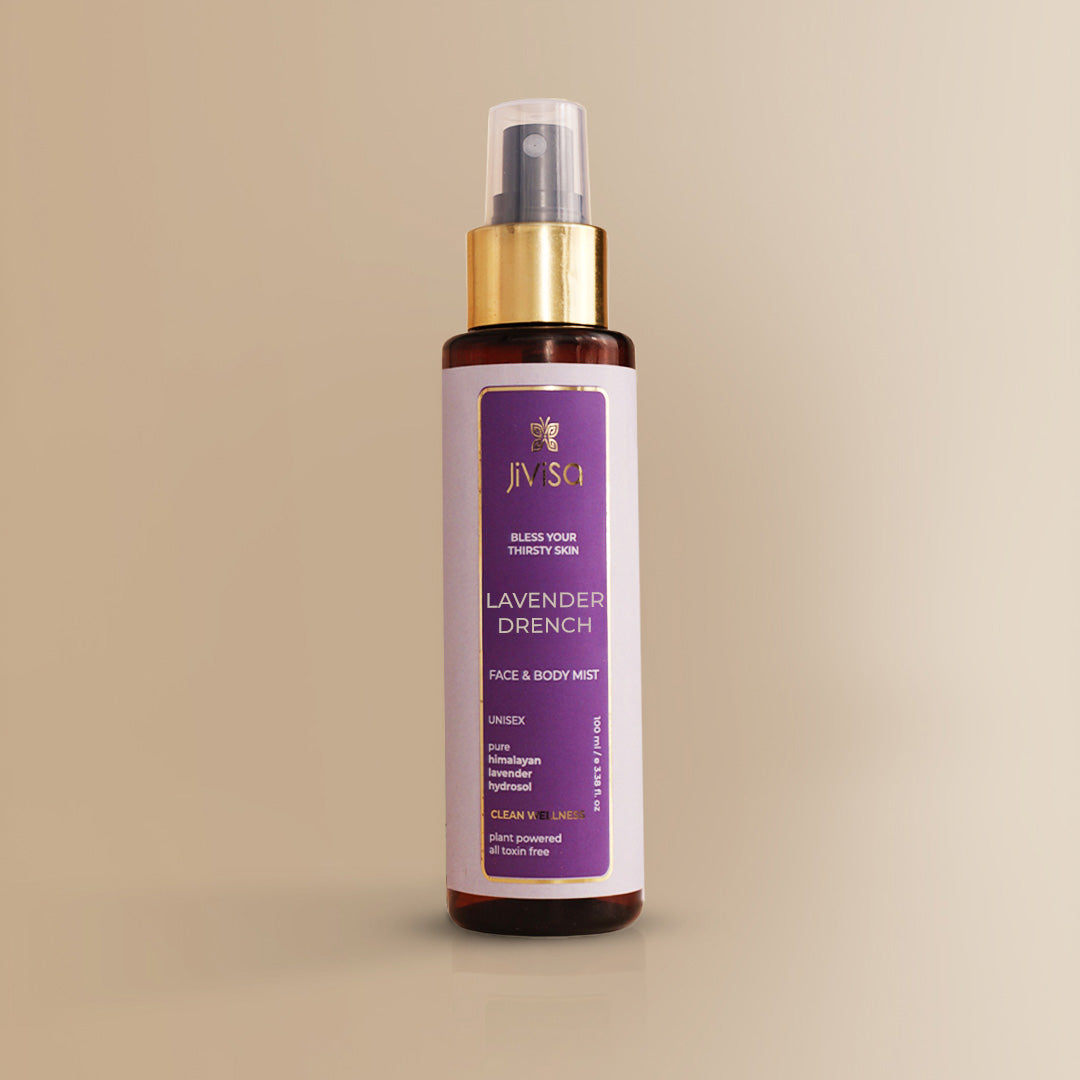 JiViSa Lavender Drench face and body mist bottle with purple label on beige background
