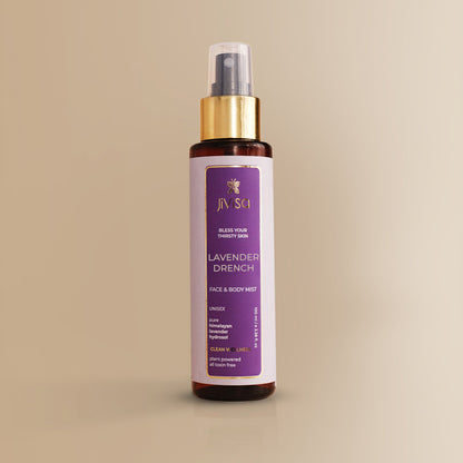 JiViSa Lavender Drench face and body mist bottle with purple label on beige background