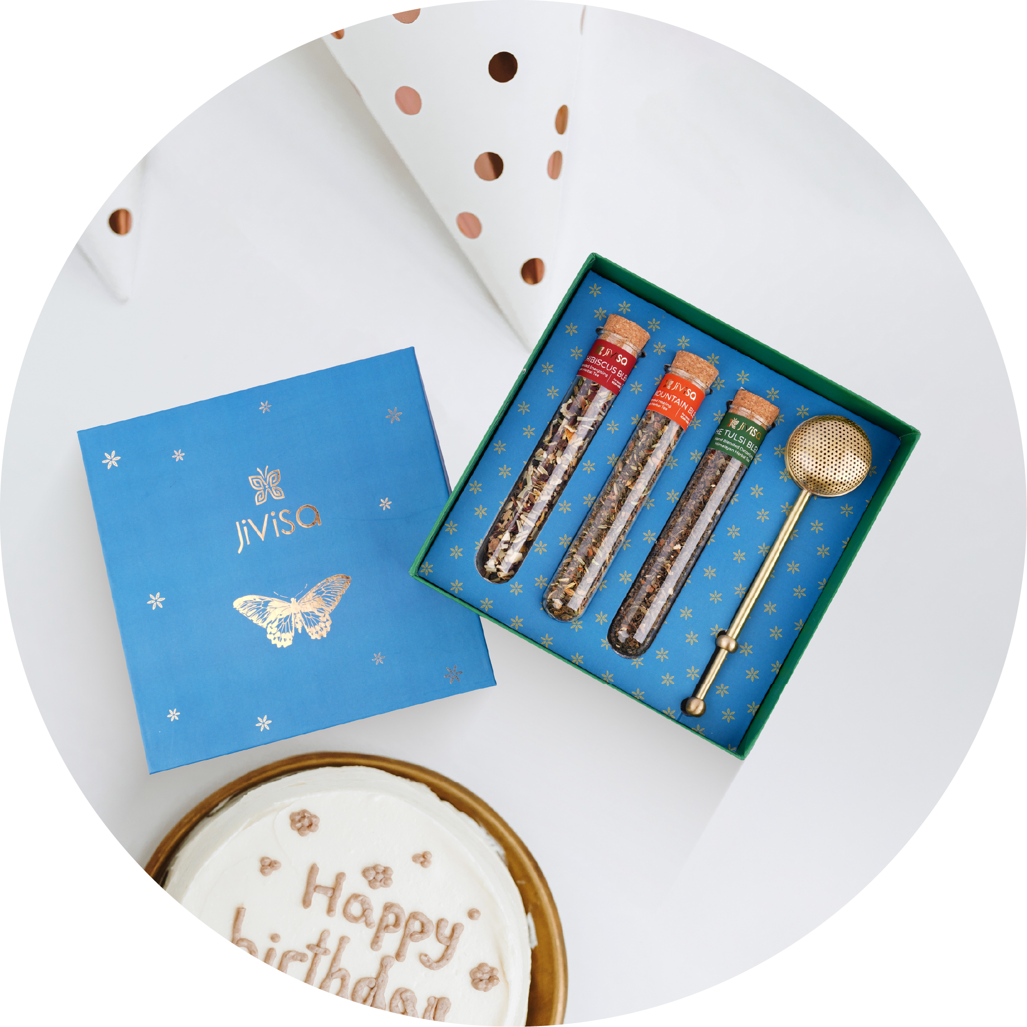 JiViSa gift set with three glass tubes contains Loose leaf blends infuser, on a white table represents for birthday gifts