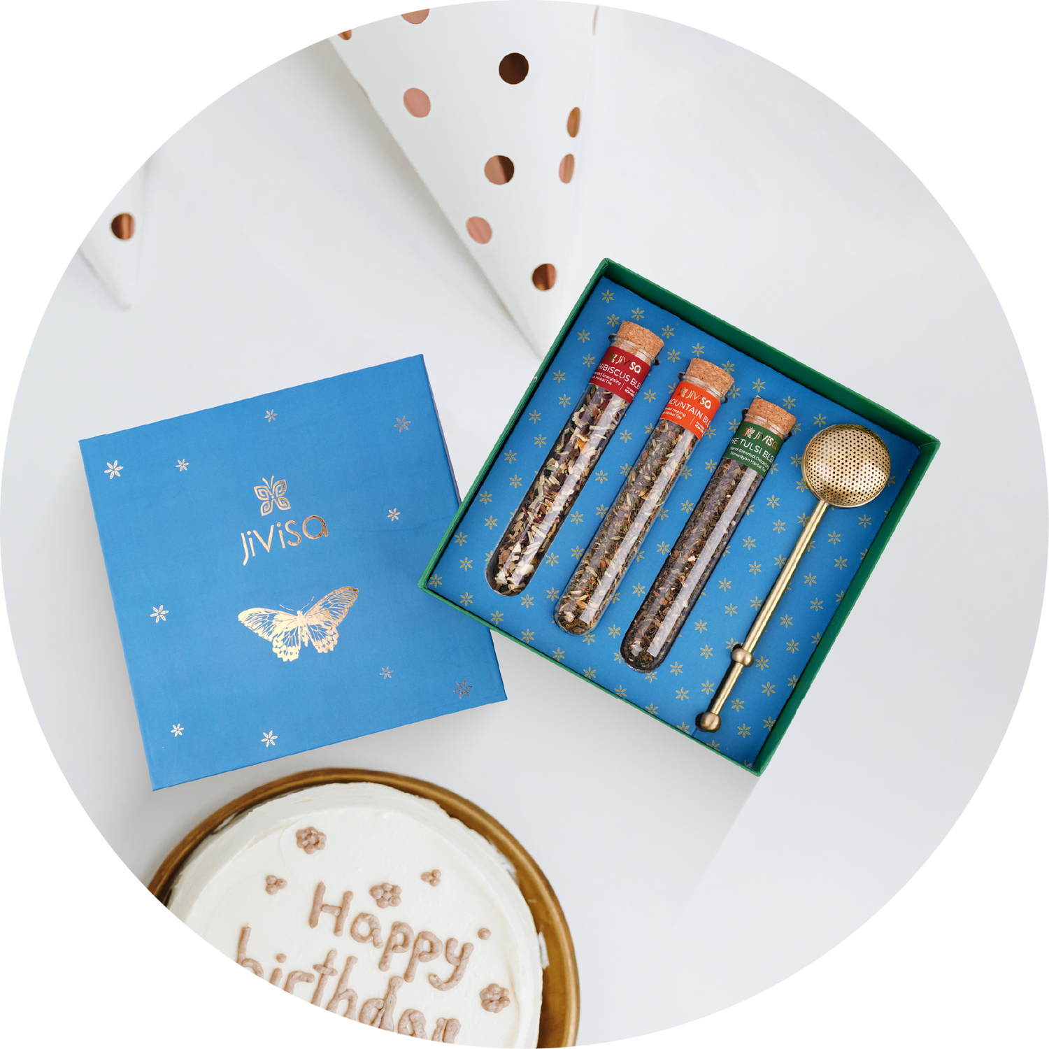 JiViSa gift set with three glass tubes contains Loose leaf blends infuser, on a white table represents for birthday gifts
