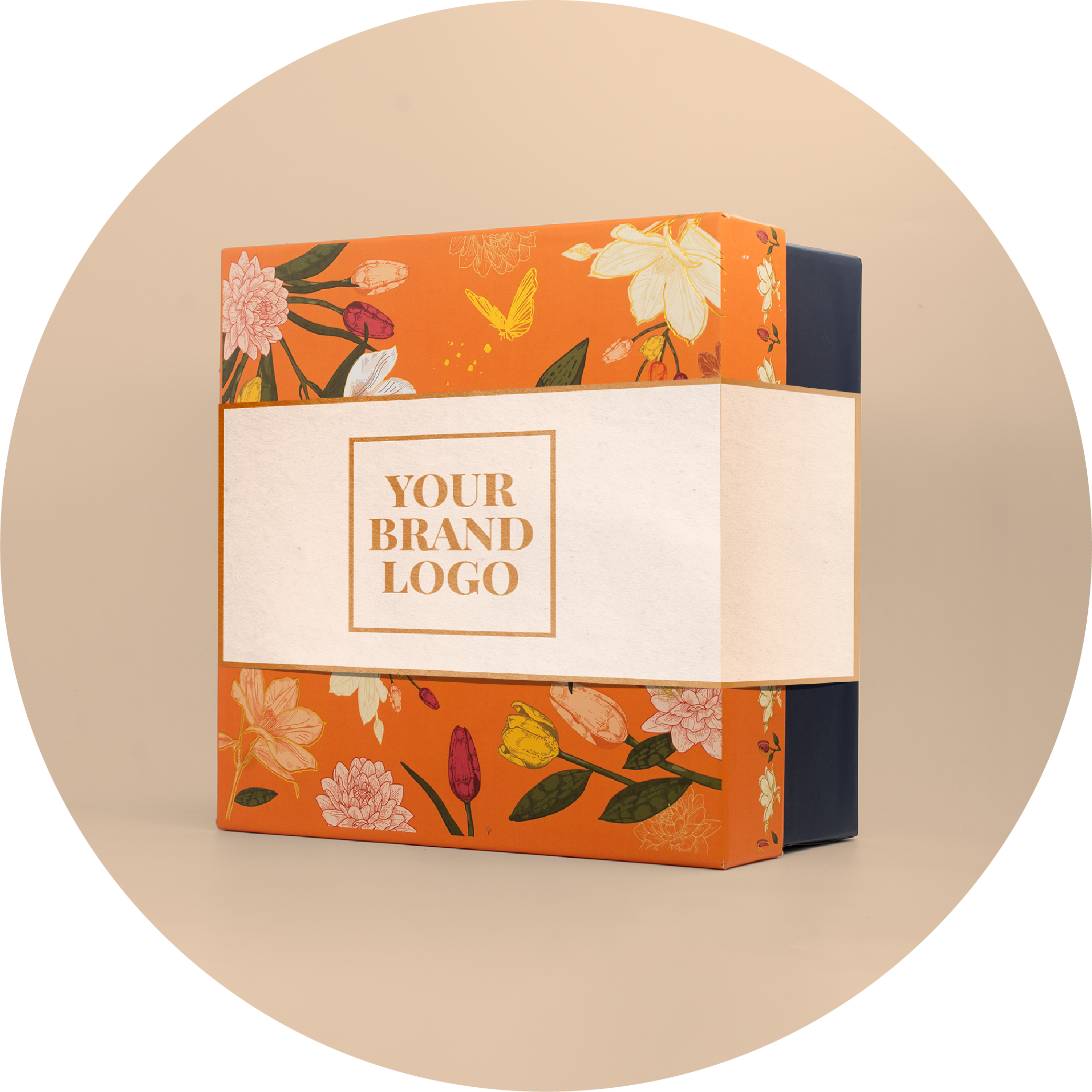 Product packaging with floral design and space for branding on a beige background. It is represented for corporate gifting.
