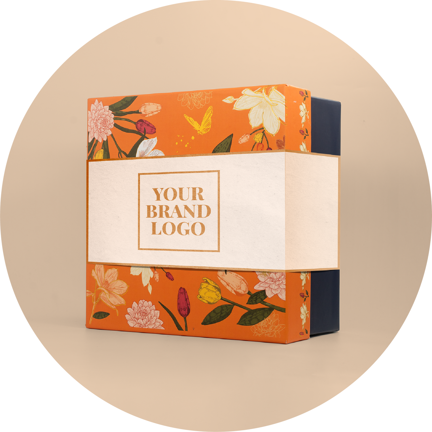 Product packaging with floral design and space for branding on a beige background. It is represented for corporate gifting.