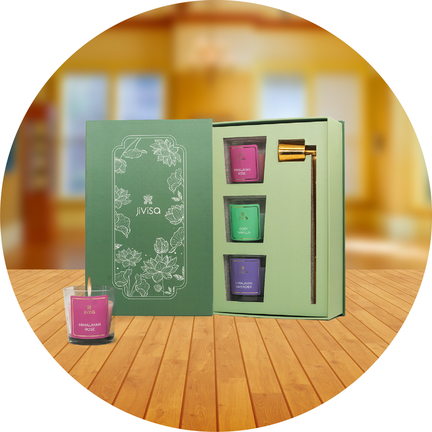 JiViSa candle set with green packaging contains 3 votive candles and a brass snuffer on a wooden surface. It is for House Warming collection
