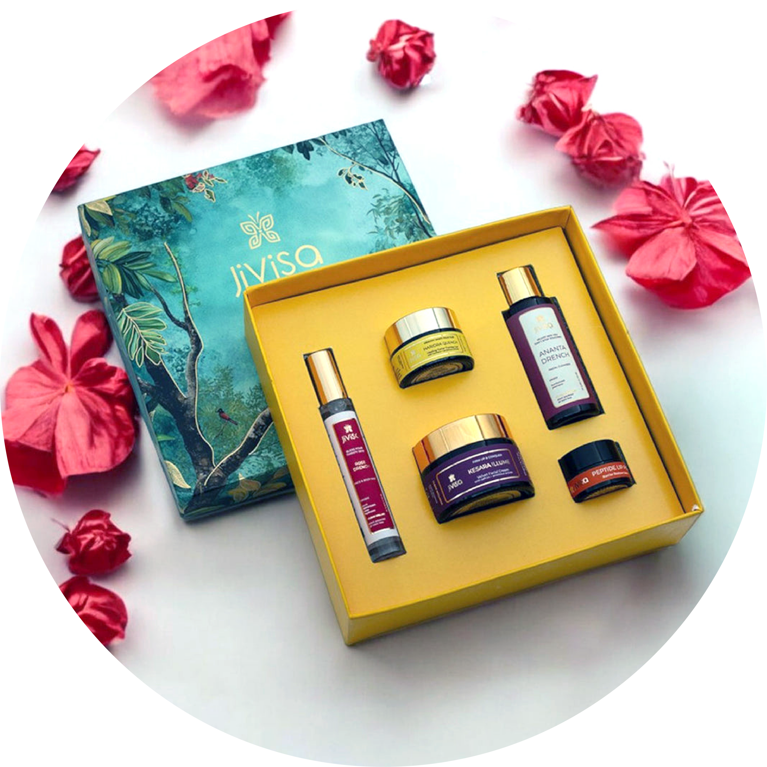 Jivisa skincare product set with decorative box and pink flowers on a white background it is for wedding and anniversary category.