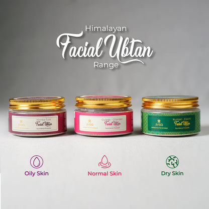 Three jars of JiViSa Himalayan Facial Ubtan are displayed against a muted green background. The jar on the left has a pink label, with text indicating it&