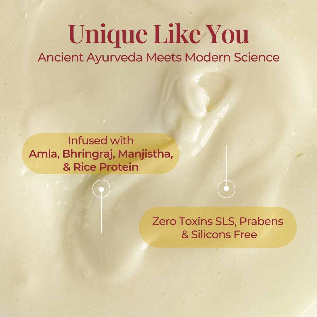 Cream texture graphic describing Ayurvedic ingredients including amla, bhringraj, manjistha and rice protein with toxin-free formula.