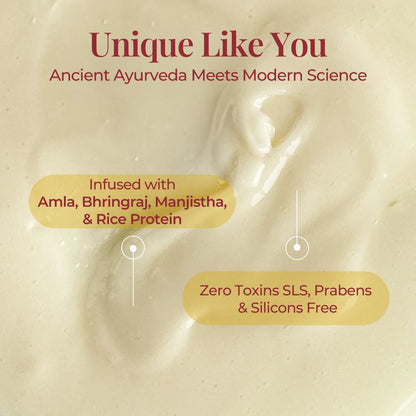 Cream texture graphic describing Ayurvedic ingredients including amla, bhringraj, manjistha and rice protein with toxin-free formula.