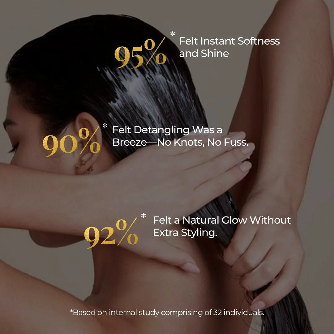 Person applying conditioner to wet hair with results showing softness, detangling and natural shine.