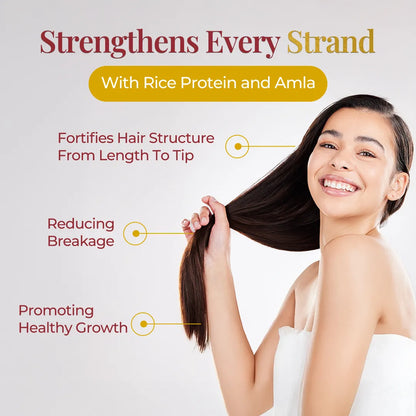 Woman holding long hair with text describing strengthening benefits from rice protein and amla to reduce breakage and support growth.