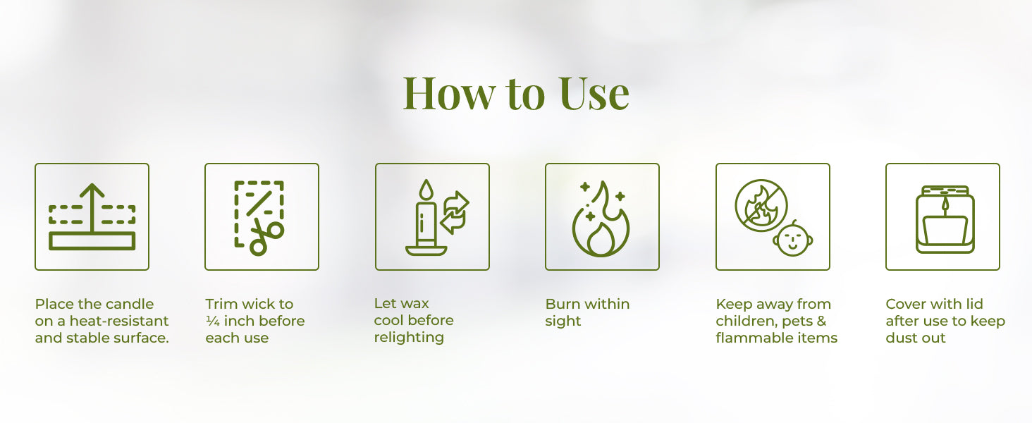 A clean white background with six green line-drawn icons explaining JiViSa Himalayan Lemongrass candle care. Each icon is paired with text: “Place the candle on a heat-resistant and stable surface”, “Trim wick to ¼ inch before each use", “Let wax cool before relighting", “Burn within sight", “Keep away from children, pets & flammable items" and “Cover with lid after use to keep dust out.”

