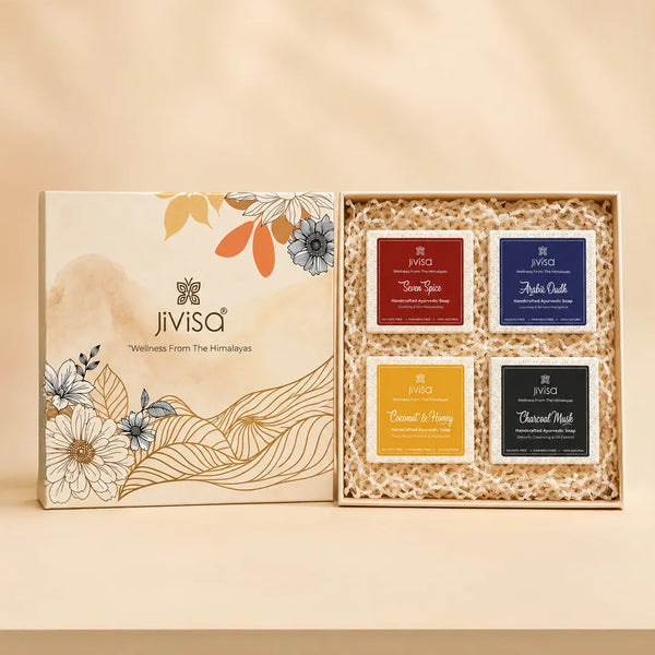 Luxury Handmade Soap Gift Box with four Ayurvedic soaps.