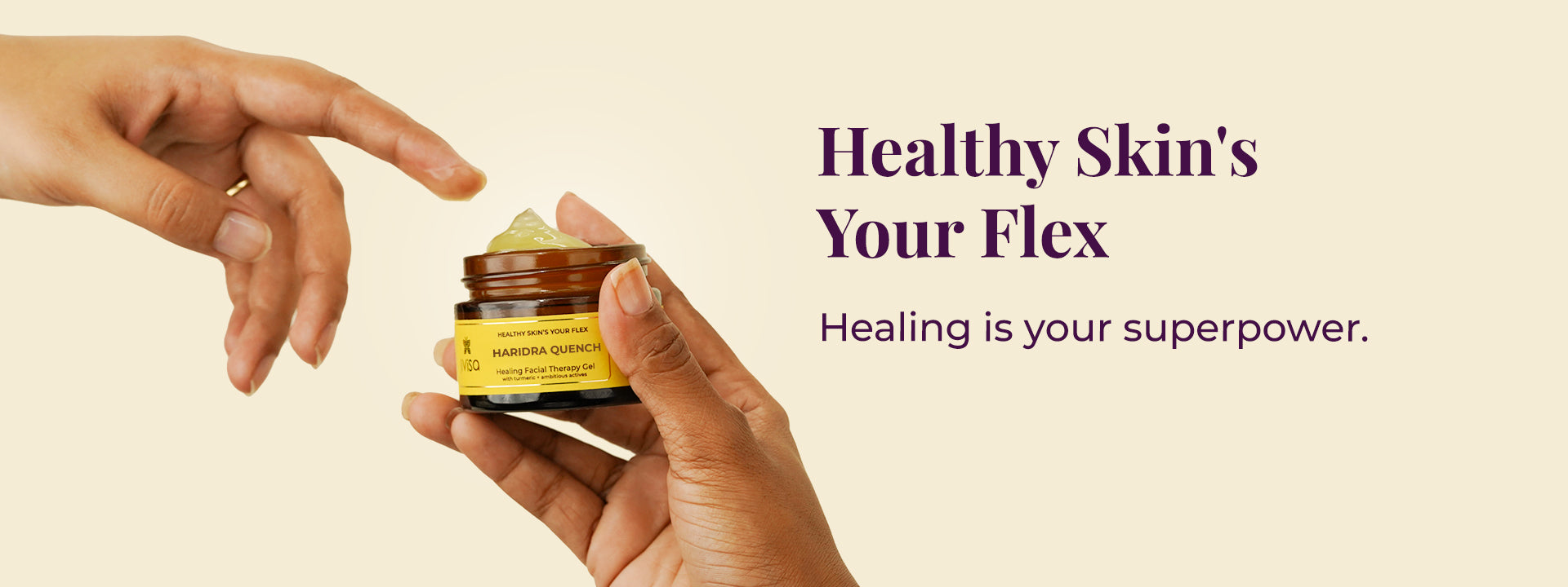 Hands holding JiViSa Haridra Quench gel jar with text about healing and skin recovery.