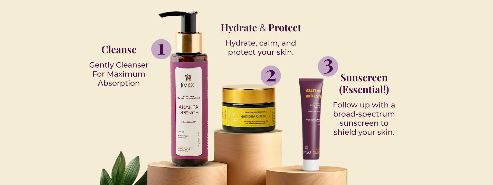 Three-step skincare routine showing cleanser, Haridra Quench gel, and sunscreen with hydrate and protect message.