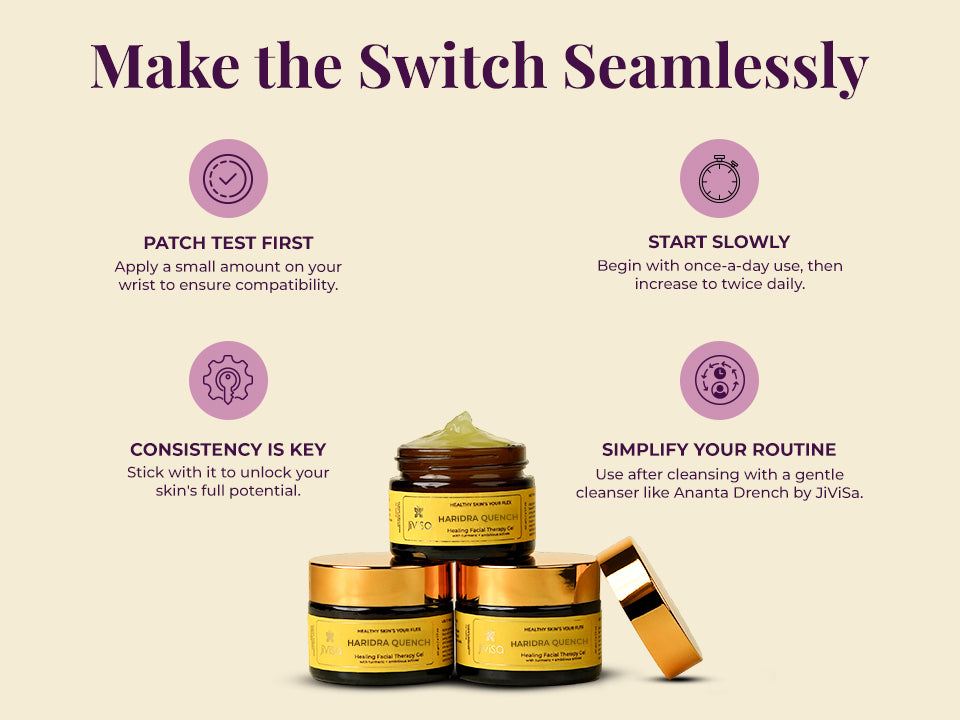 Multiple Haridra Quench gel jars with icons showing patch test, start slowly, simplify routine, and consistency tips.