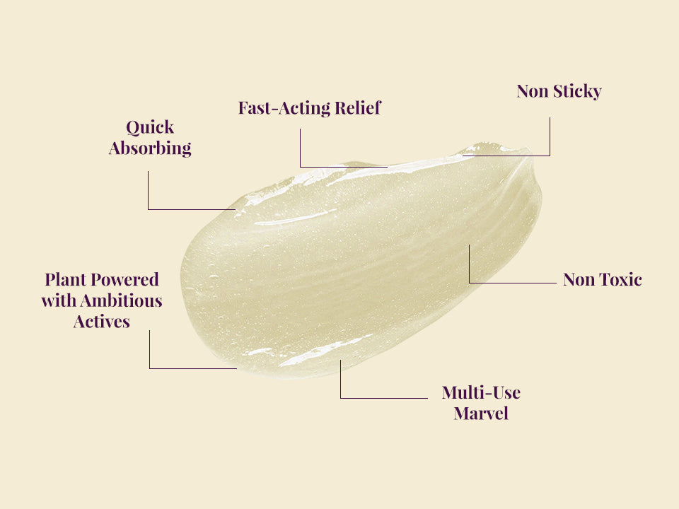Gel texture swatch with labels quick absorbing, non-sticky, non-toxic, and fast-acting relief.