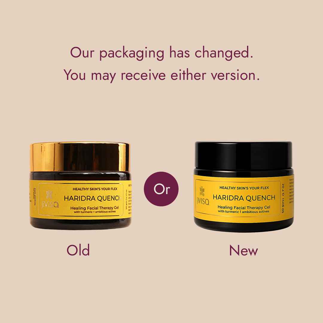 Haridra Quench dark spot removal gel moisturiser old vs new packaging, same turmeric and niacinamide formula.
