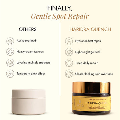 Comparison of heavy dark spot creams vs Haridra Quench lightweight, non-greasy moisturizer for oily skin