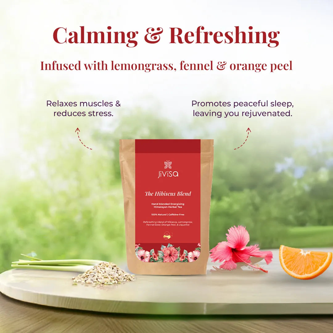 The Hibiscus Blend pouch styled with lemongrass, fennel and orange, a calming herbal tea that relaxes muscles and promotes peaceful sleep
