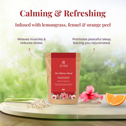 The Hibiscus Blend pouch styled with lemongrass, fennel and orange, a calming herbal tea that relaxes muscles and promotes peaceful sleep