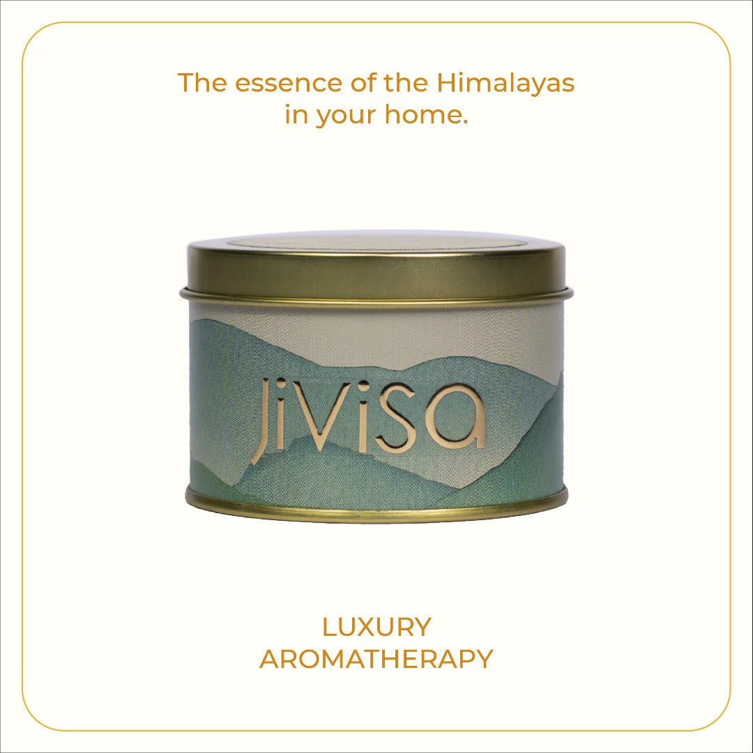 JiViSa Soft Lavender Metal Jar Candle with greeen gradient design and gold lid, featuring the tagline "The essence of the Himalayas in your home – LUXURY AROMATHERAPY".
