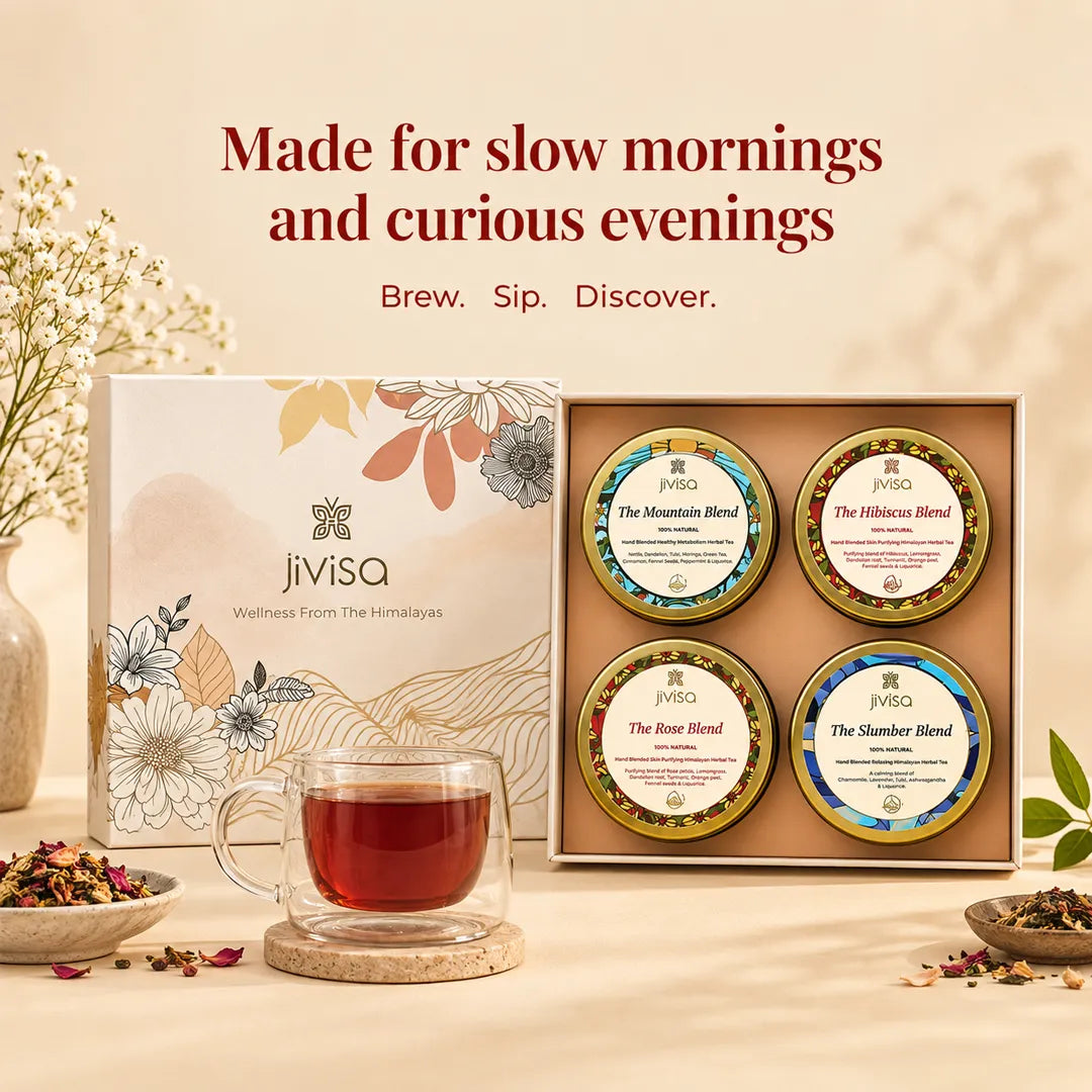 JiViSa Himalayan Discovery Tea Gift Box  with four Himalayan loose-leaf herbal teas including Mountain, Hibiscus, Rose and Slumber blends