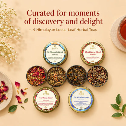JiViSa Himalayan Discovery Tea Gift Box featuring Mountain Blend, Hibiscus Blend, Rose Blend and Slumber Blend